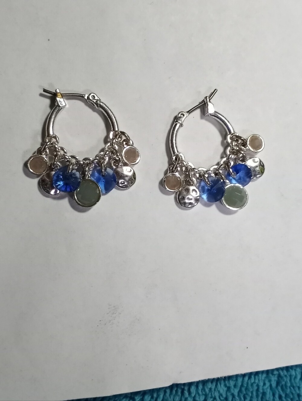 Silver Hoop Charm Earrings with Blue, Pink and Green Accents